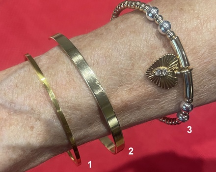 Gold Bracelets, Thin band, thick band, and Heart Charm.
